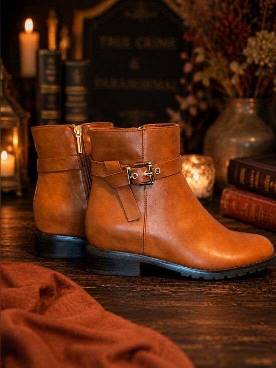 crown & ivy Shoes - Crown & Ivy Cognac Ankle Boots Size 8 NWOT Buckle Strap Side Zip Lug Sole